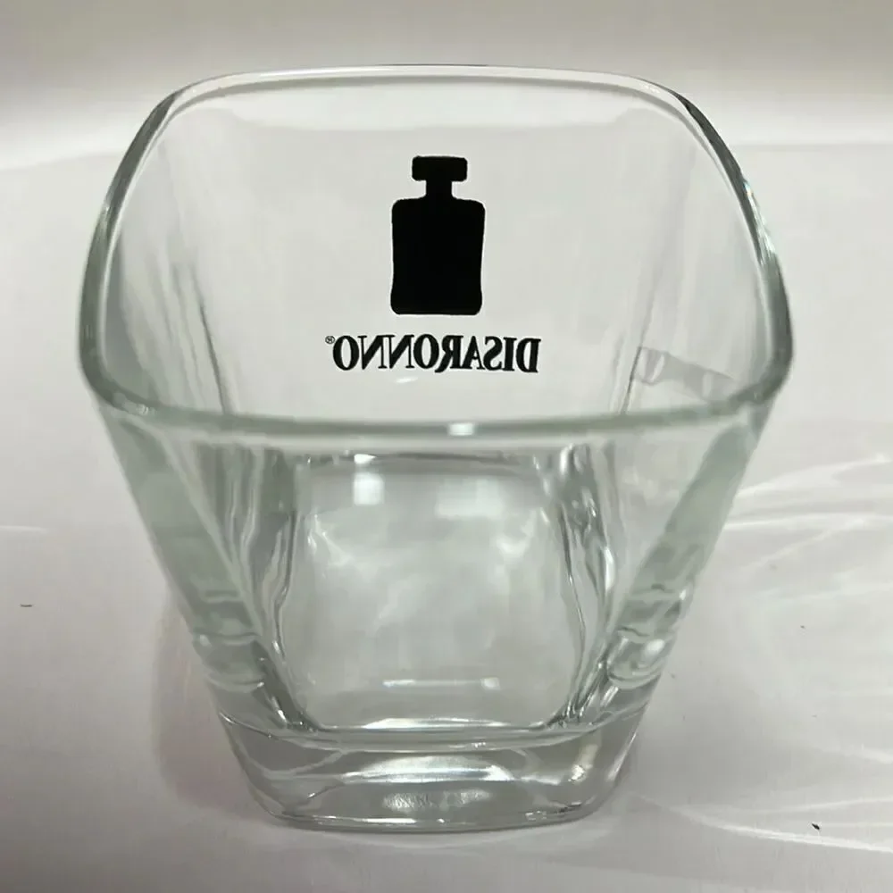 Disaronno Ameratto Glass 3 3/4 Tall 3 1/4 Top Black Bottle Rocks Low Ball Set 2